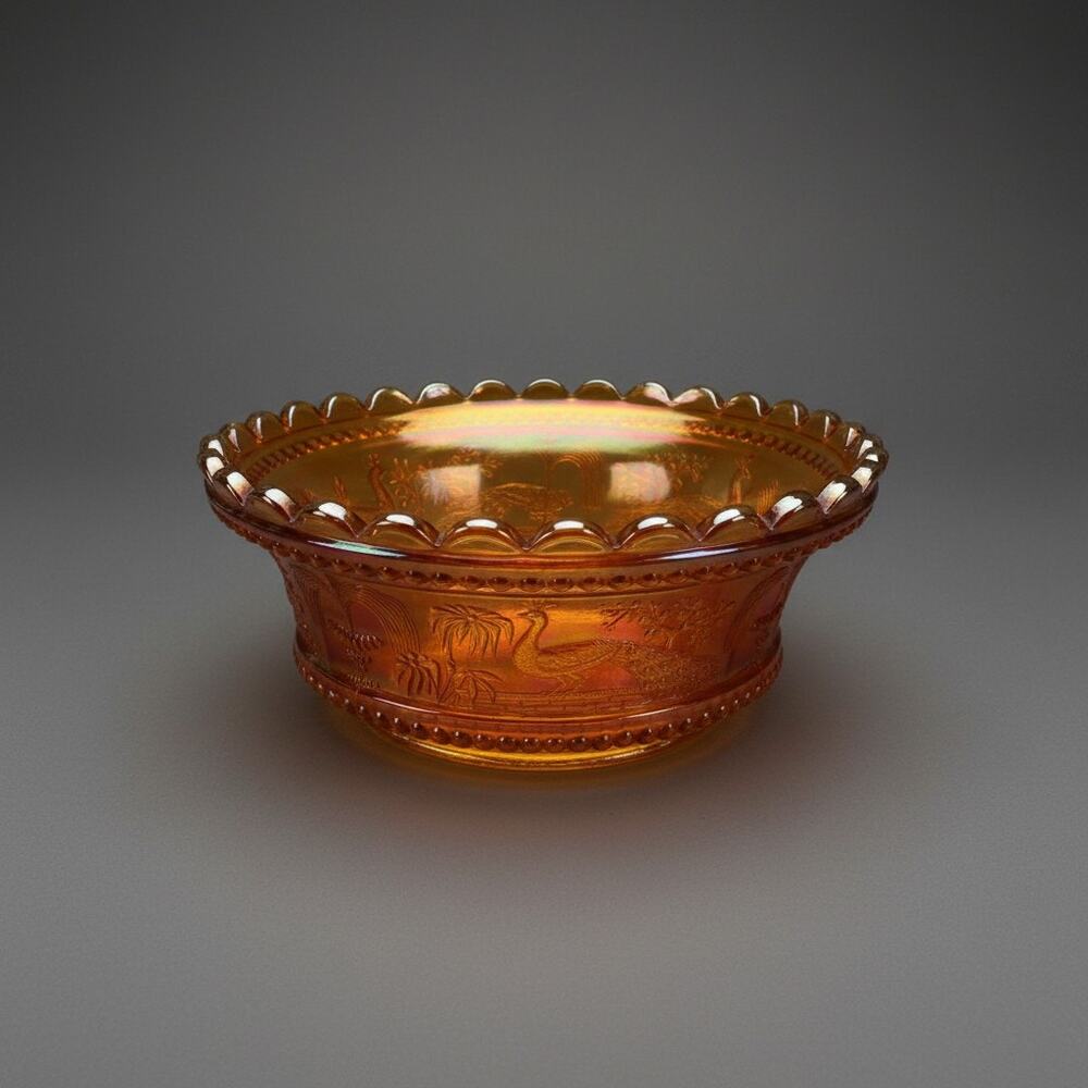 Antique Northwood Peacock at the Fountain Marigold Carnival Art Glass Berry Bowl